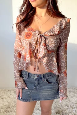 Sheer Ruffled Front Tie Top