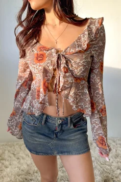 Sheer Ruffled Front Tie Top