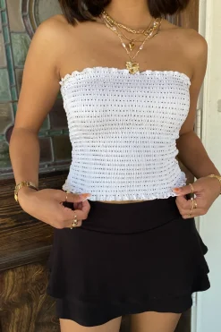Swiss Dot Smocked Strapless Top