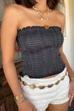 Swiss Dot Smocked Strapless Top